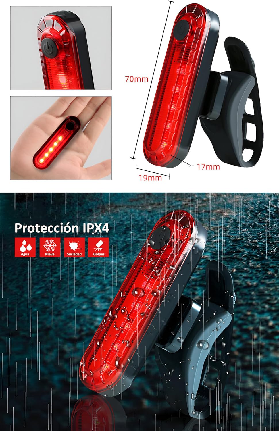 Imagen del producto - Luz Trasera Bicicleta - Luz Trasera Bici de Seguridad - Ultra Brillante Luz 5LED con USB Recargable-Fácil de Instalar 4 Modos De Luz-Resistencia al Agua IPX4-Luz Perros y Collares - Luz Senderismo