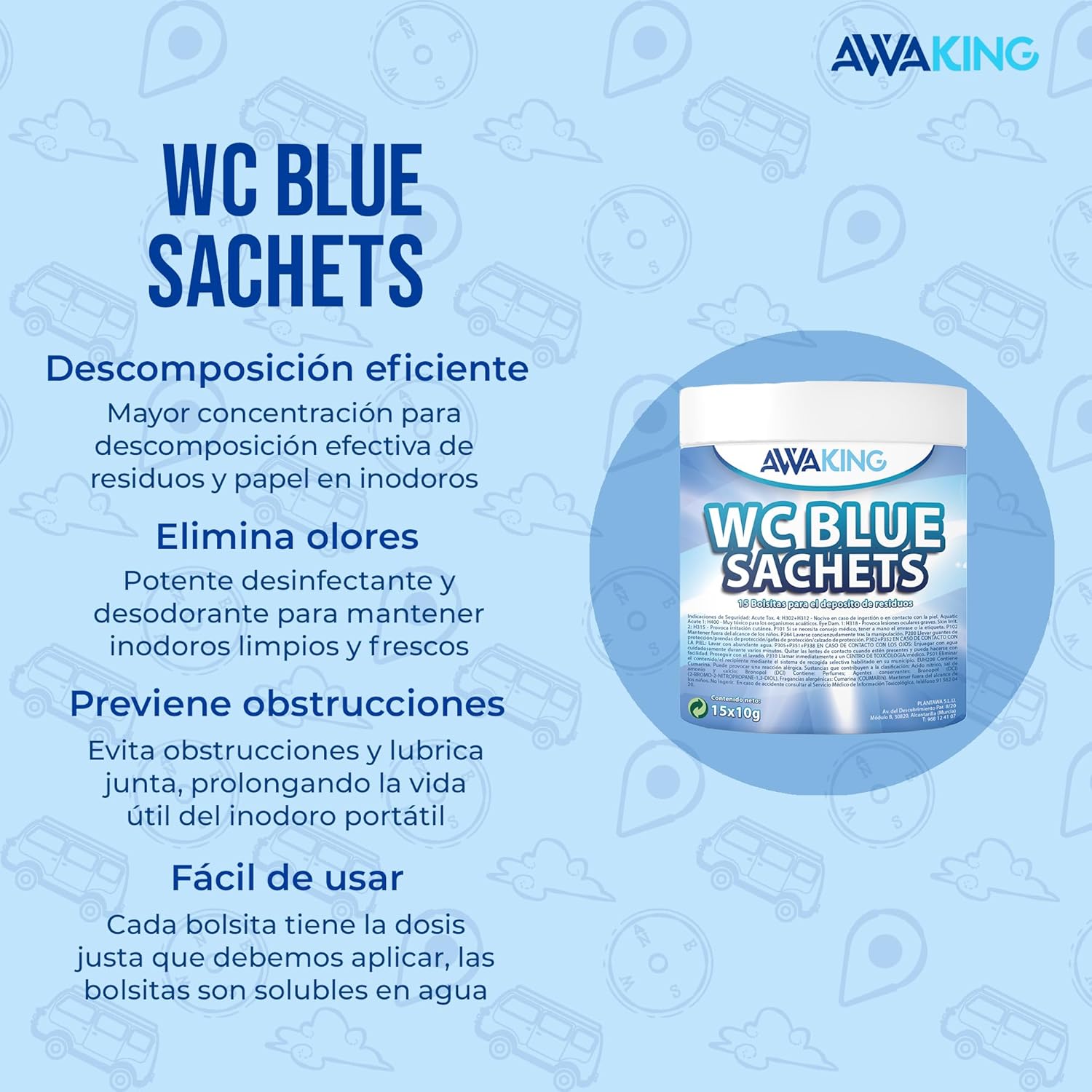 AWAKING Pastillas WC Quimico Autocaravana Blue Sachets 15ud | Higieniza y Desodoriza. Fórmula Concentrada y Aroma Fresco Depósito Aguas Negras de Caravana, Camper, Descompone Residuos.