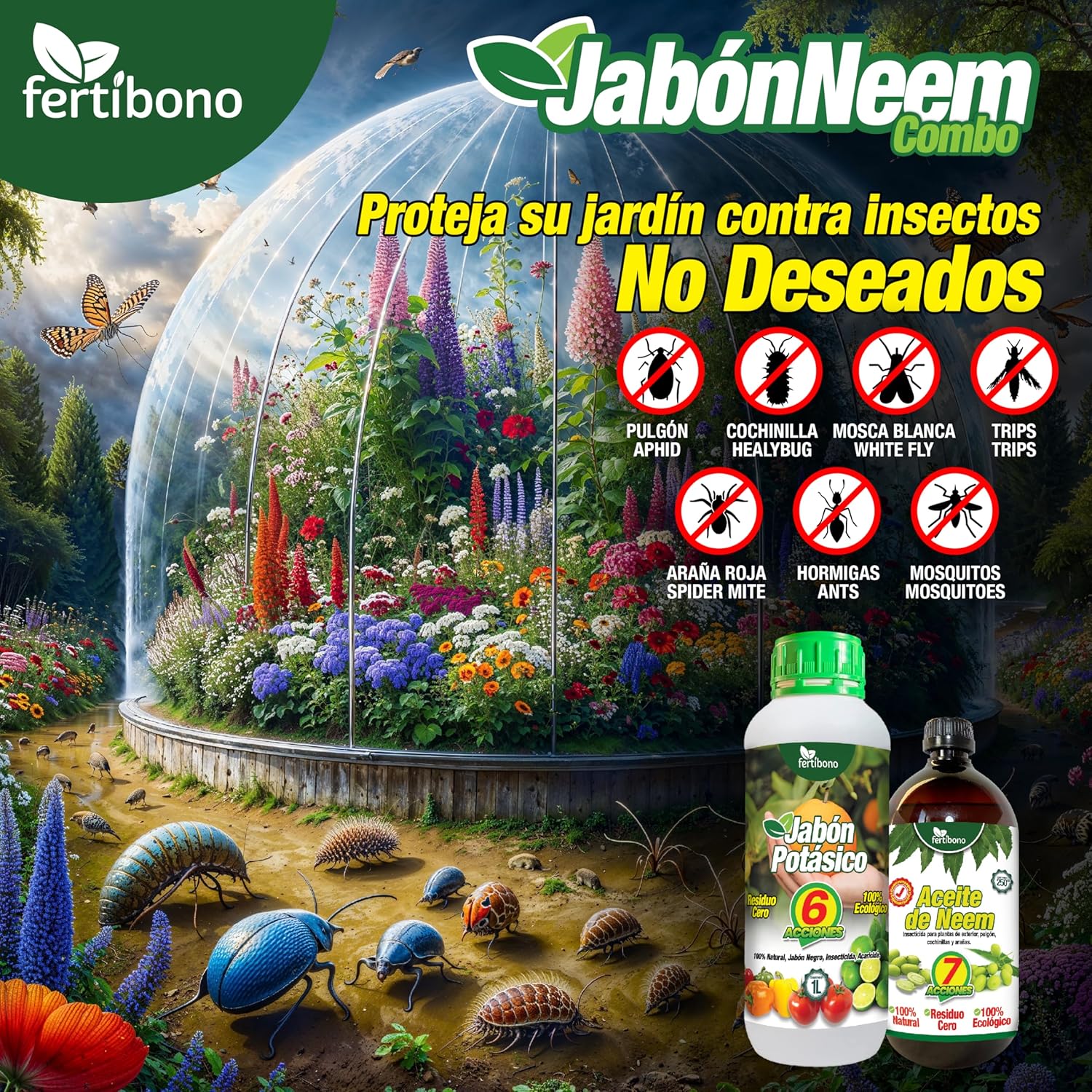 Imagen del producto - Fertibono JaboNeem: Concentrado Jabón Potásico y Aceite de Neem Extraído en Frío - 1L+250ml - Máxima Eficacia y Ahorro en Control de Plagas para Plantas y Huertos