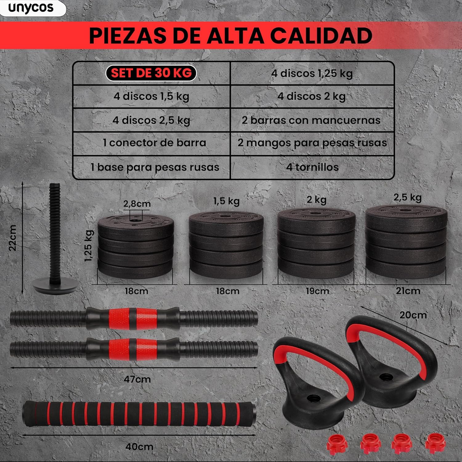 Imagen del producto - unycos - Mancuernas Ajustables con E-Book de Ejercicios, Juego de Pesas Combinable con Barra de Conexión/Extensión, Discos de 10-40 kg, Pesa Rusa y Soportes para Flexiones (Red Transformer)