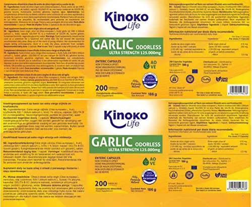 AJO 125.000 mg (500:1 extracto). 200 cápsulas. NO REPITE.Sin OLOR.con Aceite de Oliva Virgen Liberacion Prologanda Alta Concentración Con 2500mcg de Alicina Sin Gluten .No GMO