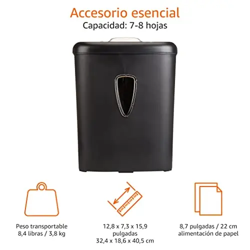 Amazon Basics Trituradora de documentos o tarjetas de crédito, Corte cruzado transversal, capacidad de 7-8 hojas, Negro