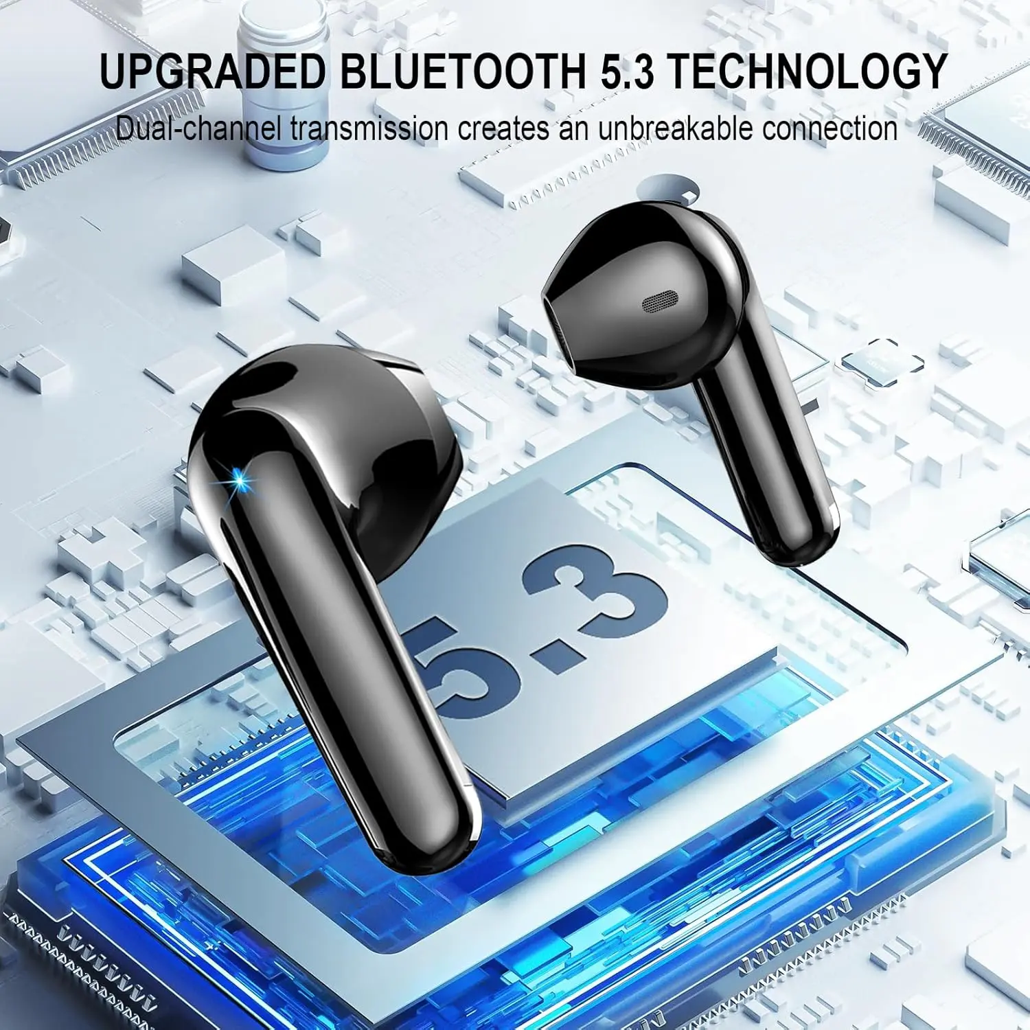 Auriculares Inalambricos Bluetooth, Auriculares Bluetooth 5.3, 48H Estéreo HiFi Cascos Inalambricos Bluetooth con Reducción de Ruido, Comodidad Ligera, Carga Rápida USB-C, IP7 Impermeable Auriculares