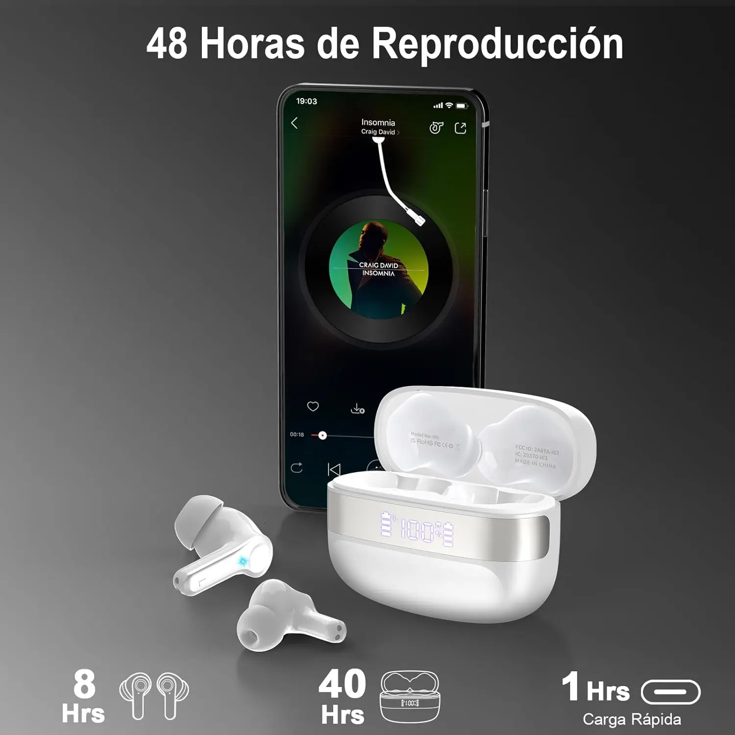 Auriculares Inalambricos Bluetooth, Auriculares Bluetooth 5.3 HIFI Sonido Envolvente con 4ENC Cancelacion Ruido Mic, 48H Cascos Inalambricos Comodidad Ligera, Pantalla LED, IP7 lmpermeable Auriculares