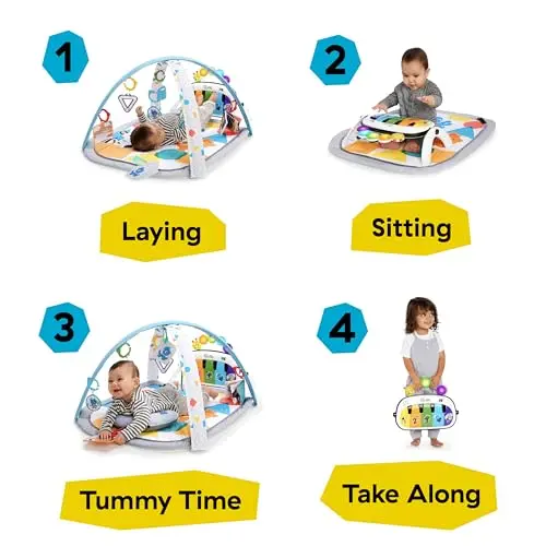 Baby Einstein, Gimansio de Actividades Musical para bebés 4en1 Kickin' Tunes con Piano, 70+ sonidos, 25+ min de música y luces, arco de juego, 7 juguetes extraíbles, 4 idiomas, desde recién nacido