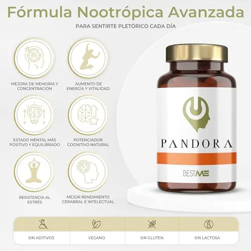 Bestme Lab Pandora | Nootrópico 100% Natural Fórmula Original 9 en 1 + Concentración + Memoria + Energía | Melena de León, Ginkgo Biloba, Bacopa Monnieri, Cafeína, L-Teanina, Vitaminas B12 B6 B2