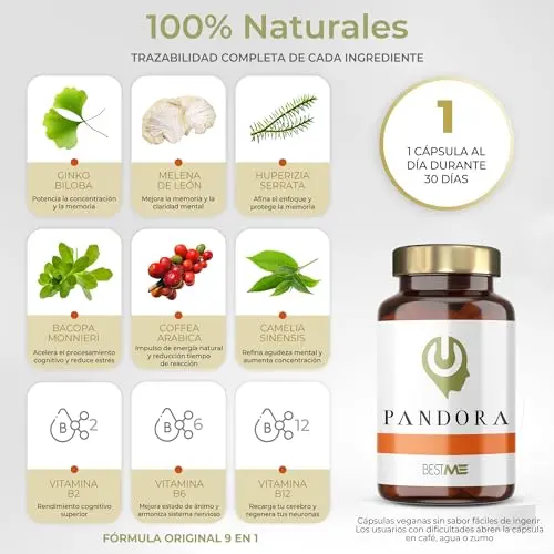 Bestme Lab Pandora | Nootrópico 100% Natural Fórmula Original 9 en 1 + Concentración + Memoria + Energía | Melena de León, Ginkgo Biloba, Bacopa Monnieri, Cafeína, L-Teanina, Vitaminas B12 B6 B2