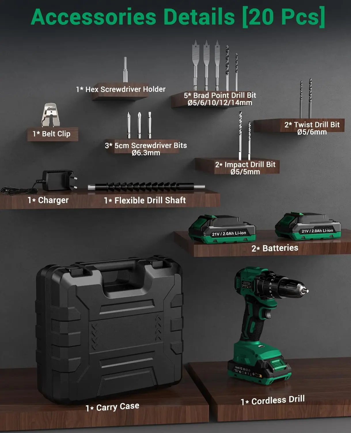 BETENST Taladro Percutor a Bateria 21V, Sin Escobillas Taladro Atornillador Bateria con 2*Baterías 2.0Ah, Atornillador Electrico 45N.m, 20+3 Ajuste de Par, 14 Accesorios, 2 Velocidad Para Bricolaje