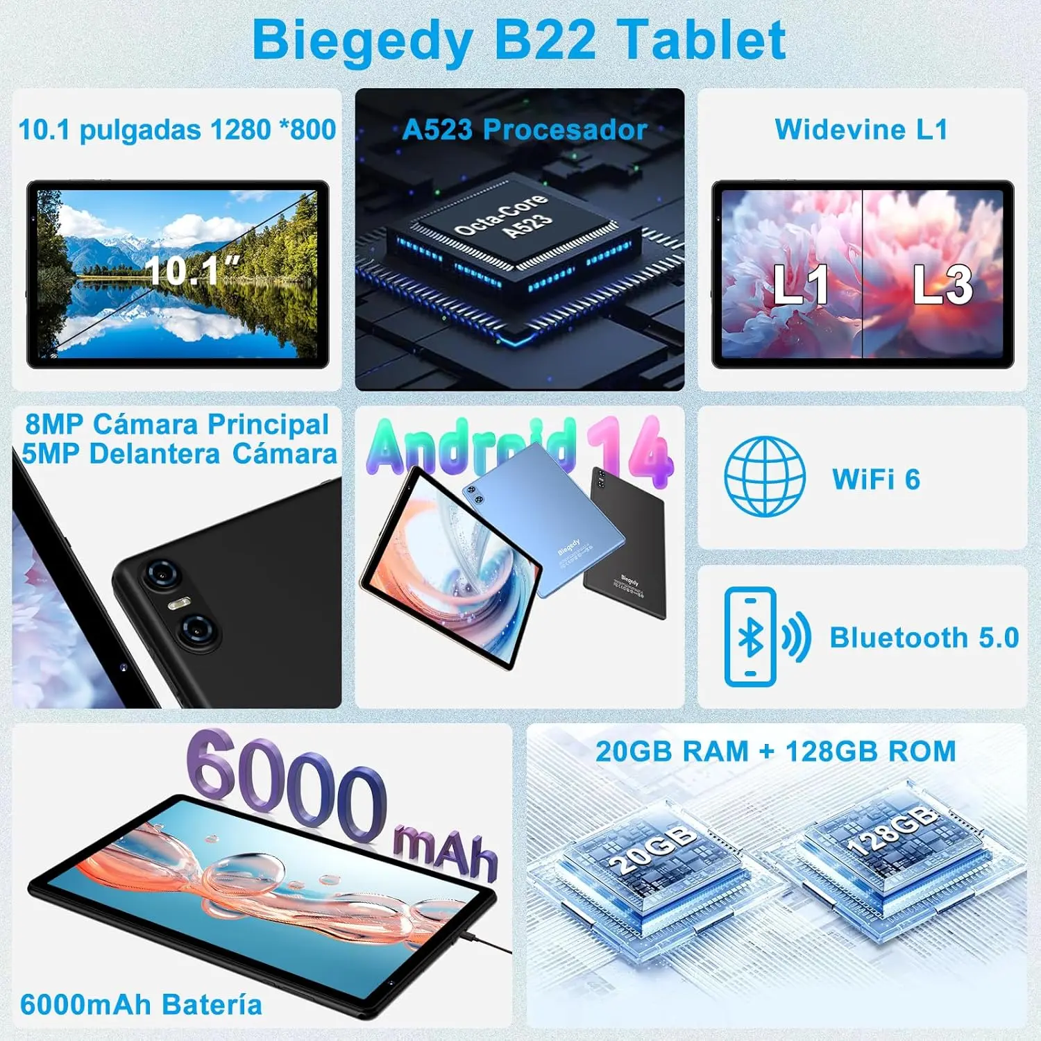 Biegedy Tablet 10 Pulgadas Android 14, 20GB RAM + 128GB ROM (TF 1TB), Dual Band WiFi 6, Octa-Core, Widevine L1 / 5 MP + 8 MP / 1280 * 800 Pixels/GMS/Bluetooth 5.0, Tablet con Teclado y Raton Negro