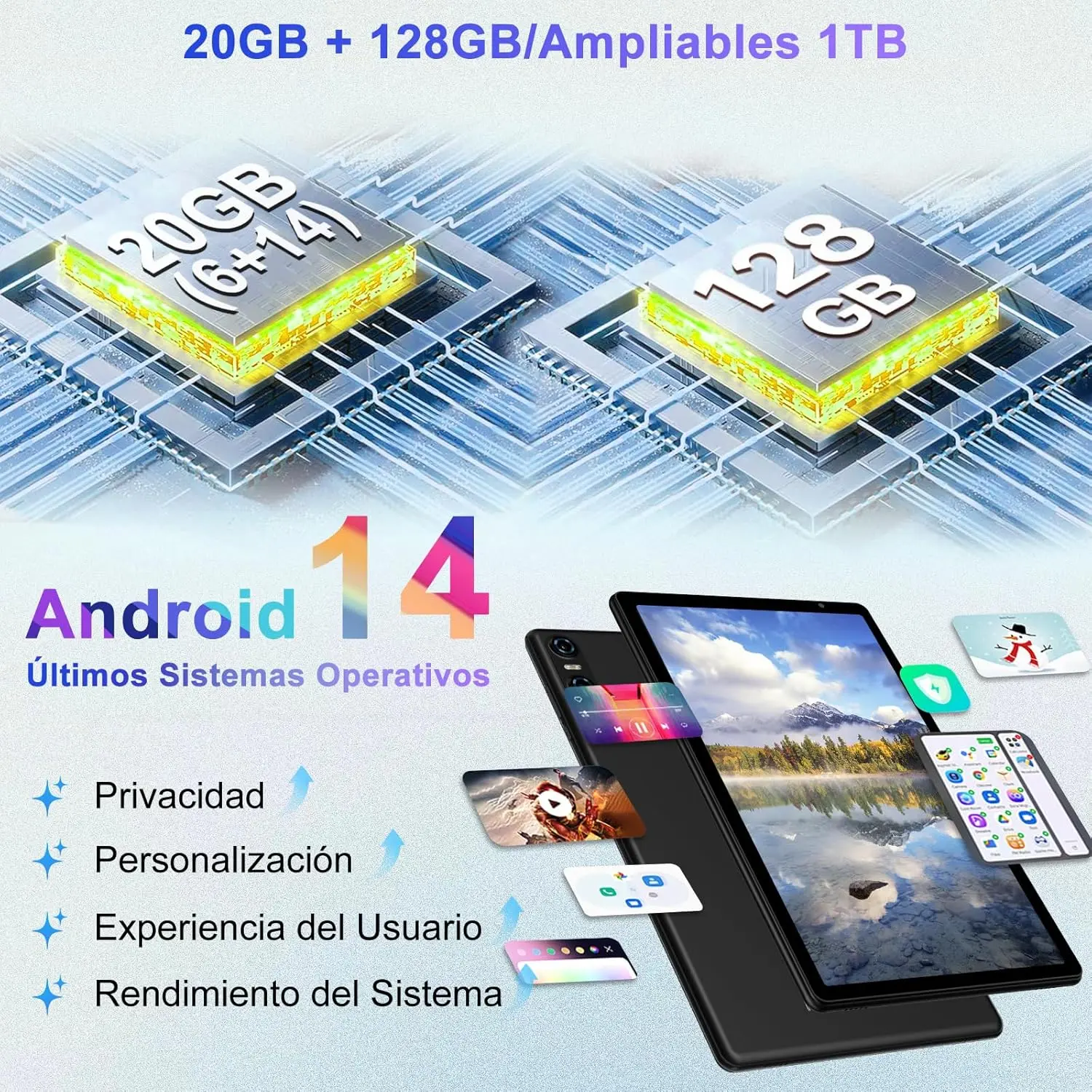 Biegedy Tablet 10 Pulgadas Android 14, 20GB RAM + 128GB ROM (TF 1TB), Dual Band WiFi 6, Octa-Core, Widevine L1 / 5 MP + 8 MP / 1280 * 800 Pixels/GMS/Bluetooth 5.0, Tablet con Teclado y Raton Negro