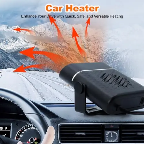 Calefactor para Coche, Calefactor 2 en 1 Multi-Función, 150w calefactor 12v Coche Portátil, 360° Ajuste Libre, Calefacción Rápida Descongelar y Desempañar, Negro