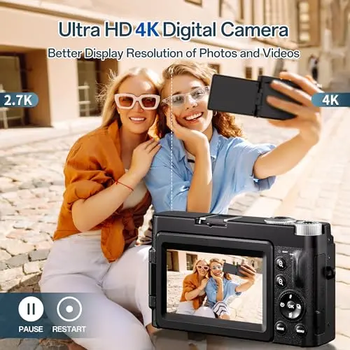 Cámara Digital 4K, Cámara de Fotos con Enfoque Automático de 48MP 16X Zoom, LCD Vlog Compacta Fotográfica HD con Estación de Carga, Baterías 2 * 800 mAh, Tarjeta de 32GB para Principiantes, Niños