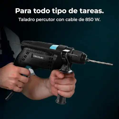 Cecotec Taladro Eléctrico Percutor PowerDrill 850 EasyAdjust. 850W, 46000 impactos por minuto, 4800 rpm, Cable extralargo 3m, Mandril portabrocas sin llave 13mm diámetro, Totalmente equipado