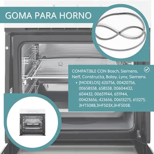 CHEFZOCO Junta Puerta Horno, Goma puerta de horno, Goma horno Universal, Medidas 490 mm ancho x 360 mm alto, Incluye 4 ganchos, Compatible con Bosch, Siemens, Neff, Constructa, Balay, Lynx, Siemens