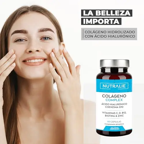Colágeno Ácido Hialurónico Q10 - Hidrolizado Puro - Articulaciones Piel + Biotina + Vit C D B12 + Zinc - 60 cápsulas - Nutralie (Sin colorantes)