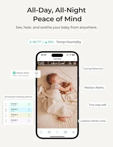 Dr.Care VistaView Monitor de Bebé WiFi 5” 1080P, Cámara 2K, Visión Nocturna HD, Alertas de Llanto y Movimiento, Batería 5000mAh, Comunicación Bidireccional, Vigilabebés con Cámara, Alcance 390m