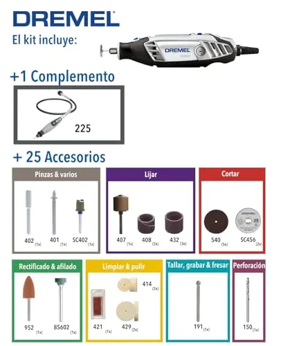 Dremel Multiherramienta 3000 130W, juego de 1 herramienta y 25 accesorios, velocidad de 10,000 a 33,000 RPM para corte, 3.2 mm, rectificado, grabado, pulido, afilado, limpieza, Negro, Azul, Plata