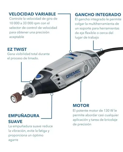 Dremel Multiherramienta 3000 130W, juego de 1 herramienta y 25 accesorios, velocidad de 10,000 a 33,000 RPM para corte, 3.2 mm, rectificado, grabado, pulido, afilado, limpieza, Negro, Azul, Plata