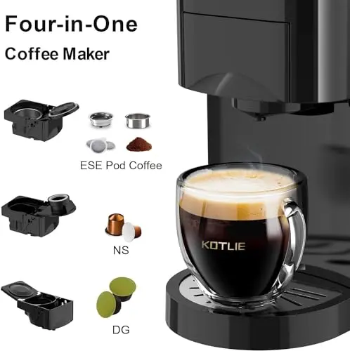 Expreso 4 en 1 Cafetera de Capsulas para Dolce Gusto/Nespresso Original/Ground/ESE Pods,19 Bar Alta Presión Apagado Automático Depósito Cafetera Capsulas (Negro) AC-513K