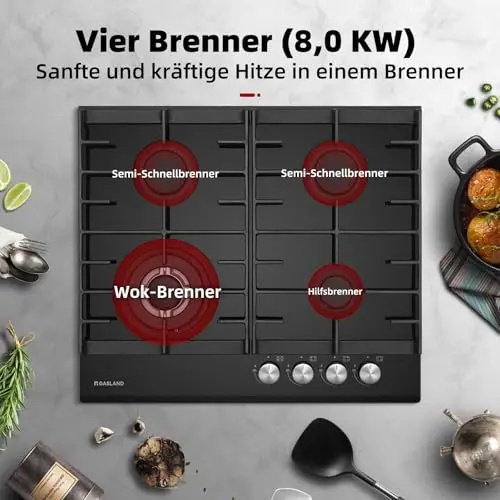 GASLAND GH604BF Placa de Cocina de gas butano, Cocina de Gas Con Quemador Wok de 4 Fogones, Cocina de Gas Integrada, placa de Vidrio Negro de 60 cm, Encimera de Gas de 8000 W