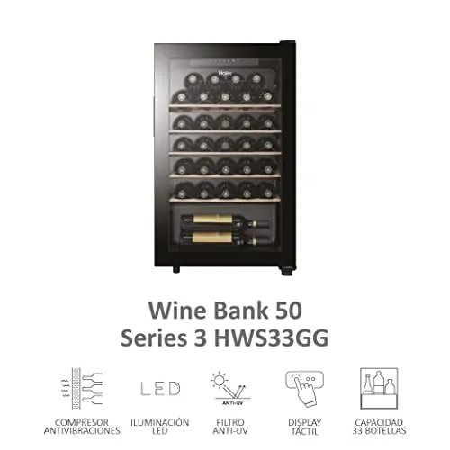 Haier Wine Bank 50 Series 3 HWS33GG- Vinoteca de 33 Botellas,Estantes de Madera,Filtro Anti-UV, Refrigeración por Compresor,Display Digital,Iluminación LED,Silenciosa 37 dbA, Antivibraciones