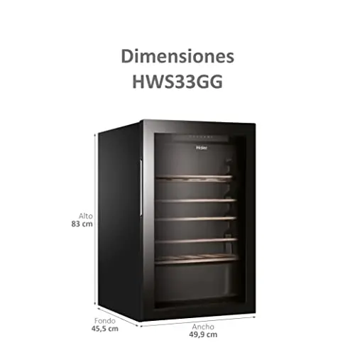 Haier Wine Bank 50 Series 3 HWS33GG- Vinoteca de 33 Botellas,Estantes de Madera,Filtro Anti-UV, Refrigeración por Compresor,Display Digital,Iluminación LED,Silenciosa 37 dbA, Antivibraciones