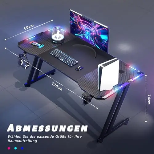 HLONONE 120 × 60cm LED Mesa Gaming, Escritorio Gaming de Fibra de Carbono Ergonómicas, Escritorio Gamer con Portavasos y Gancho para Auriculares, Negro