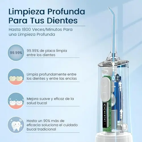 Irrigador Bucal Portatil, Vimmk Irrigador Dental Inalámbrico Profesional 8 Boquillas 5 Modos, IPX7 Impermeable 300ML USB-C Recargable Para Limpieza Dientes, Para el Hogar y los Viajes (Blanco)