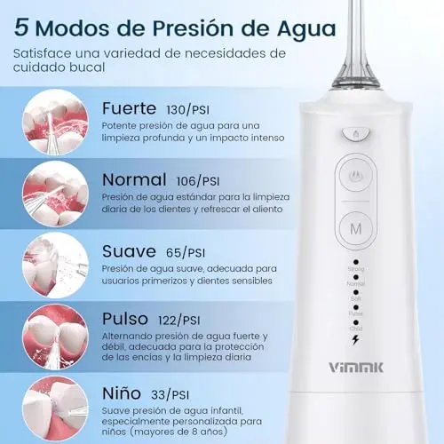 Irrigador Bucal Portatil, Vimmk Irrigador Dental Inalámbrico Profesional 8 Boquillas 5 Modos, IPX7 Impermeable 300ML USB-C Recargable Para Limpieza Dientes, Para el Hogar y los Viajes (Blanco)