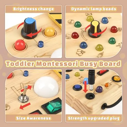 Joyreal Tablero Montessori Busy Board 2 Años, Juegos Educativos de Madera con 19 LED, Juguetes Sensoriales Bebe, Juguetes Montessori Regalos Niños 2 3 4 Años