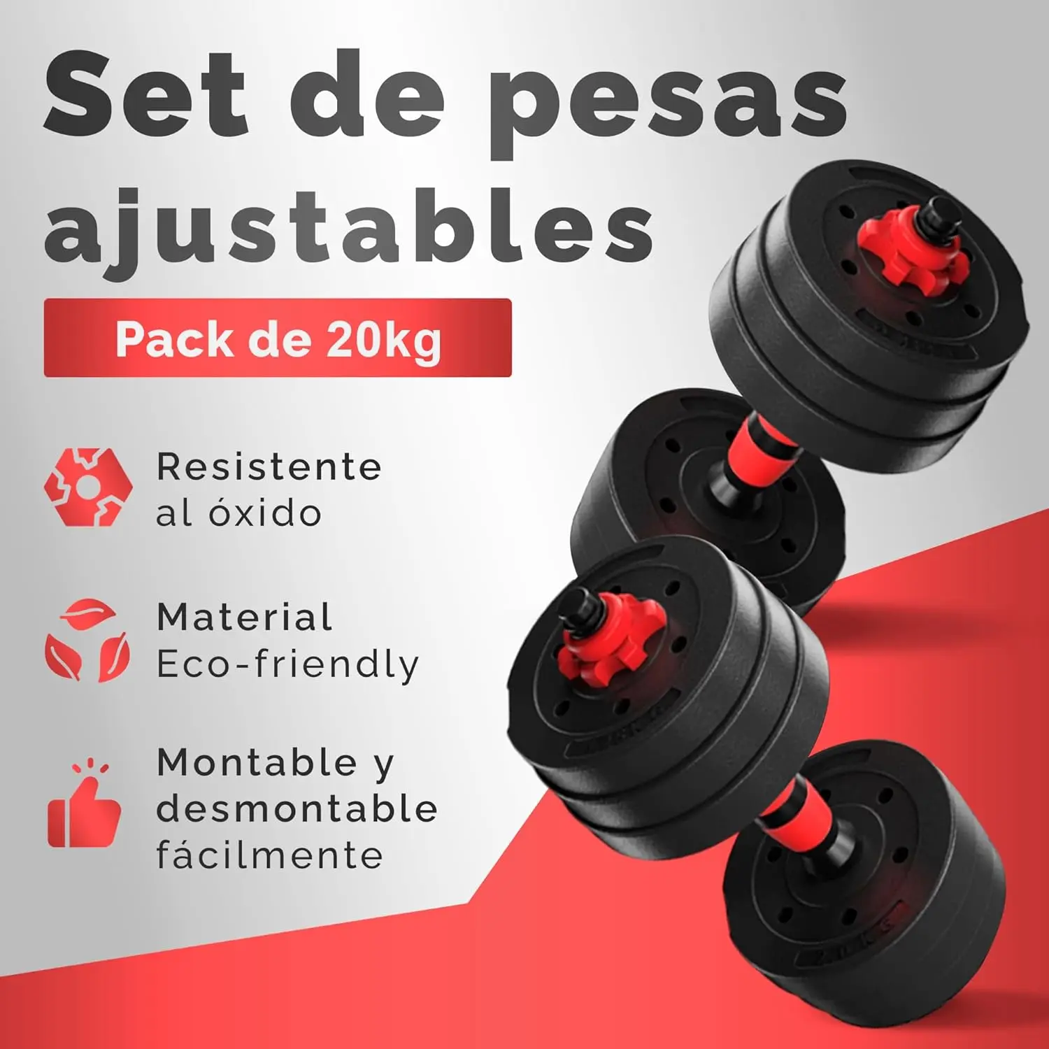 JUPPLIES Juego de Mancuernas Ajustables 2 en 1-10kg 20kg 40kg - Kit de Pesas con Barra Recta Ajustable y Antideslizante - Pesas y Mancuernas Discos Recubiertos