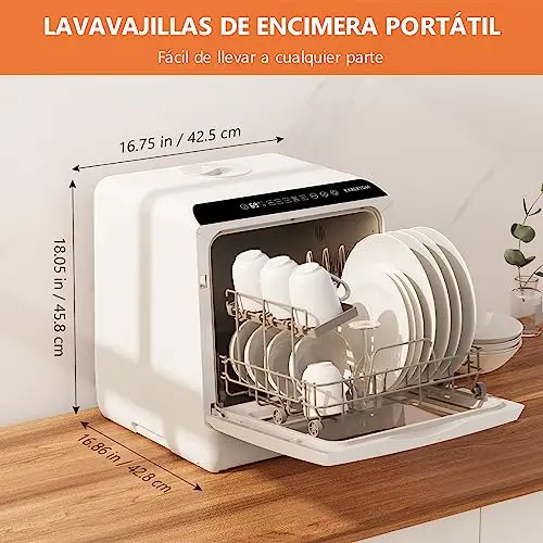 Karlxtom Lavavajillas de encimera, Mini Lavavajillas Portatil, Pantalla LED, 6 Programas, Dos modos de suministro de agua, Cuidado de Bebés y lavado de Fruta, 45 CM