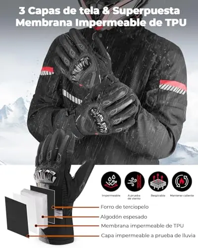 KEMIMOTO Guantes Moto Invierno, Guantes Moto Hombre con Impermeable de Manera Eficiente, Guantes Moto Homologados con Pantalla Táctil para Deportes al Aire Libre Esquí Motociclismo