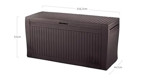 Keter Comfy - Arcón exterior, Baúl almacenaje, Capacidad 270L, Resina, Color marrón, Ordenación jardín y terraza, 44.7 x 116.7 x 57 cm