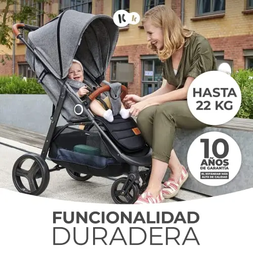 kk Kinderkraft GRANDE PLUS Silla de Paseo ligera desde Nacimiento hasta 22 kg, Plegado con una sola mano, Posición tumbada, Suspensión de todas ruedas, Capota grande XL, Grigio