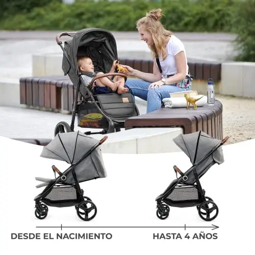 kk Kinderkraft GRANDE PLUS Silla de Paseo ligera desde Nacimiento hasta 22 kg, Plegado con una sola mano, Posición tumbada, Suspensión de todas ruedas, Capota grande XL, Grigio