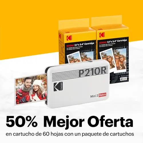 Kodak Mini 2 Retro Navidad Regalos 4Pass, Impresora Fotográfica + 68 Fotos, Fotos Instantáneas Tamaño 54X86mm, Conexión Inalámbrica Bluetooth - Blanco