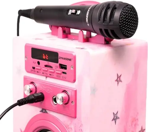 Máquina de Karaoke Portátil DYNASONIC, Altavoz Karaoke con 2 Micrófonos, Altavoz Bluetooth, Luz USB incluida, Lector USB y SD, diseño Exclusivo, Regalo Original (025-15 luz)