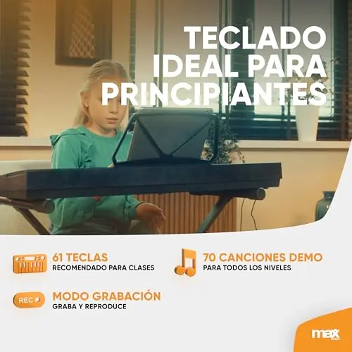 MAX KB15 - Teclado piano con 61 teclas, piano eléctrico con micrófono y altavoz, pantalla LCD, 70 canciones de demo, ideal para principiantes, función de aprendizaje, 26 sonidos, 8 percusiones, USB-C