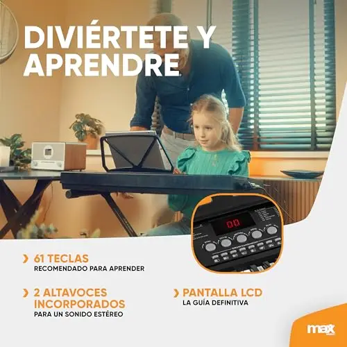 MAX KB15 - Teclado piano con 61 teclas, piano eléctrico con micrófono y altavoz, pantalla LCD, 70 canciones de demo, ideal para principiantes, función de aprendizaje, 26 sonidos, 8 percusiones, USB-C