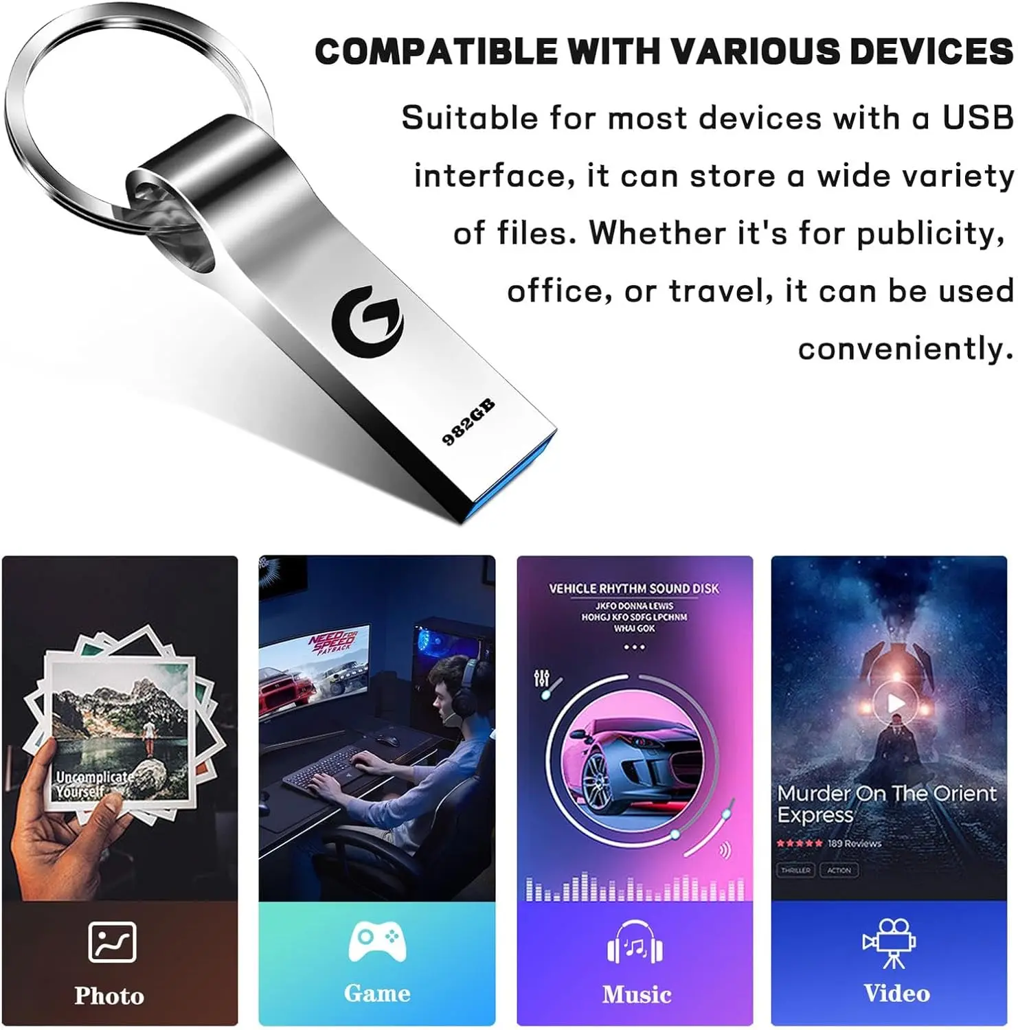 Memoria USB 982GB - destuu USB 3.0 Alta Velocidad Pen Drive Metales Impermeable USB Flash Drive Mini Portátil con Llavero Pendrive Disco Duro Externo para PC/Ordenadores Portátiles/TV