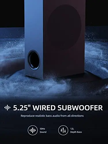 MEREDO Barra de Sonido Surround 2.1 para PC Gaming, Barra de Sonido de TV Desmontable 2 en 1 con subwoofer Transmisión de Audio USB Graves/Agudos Ajustables 5 Modos EQ - BT 5.4/HD-ARC/Óptico/AUX