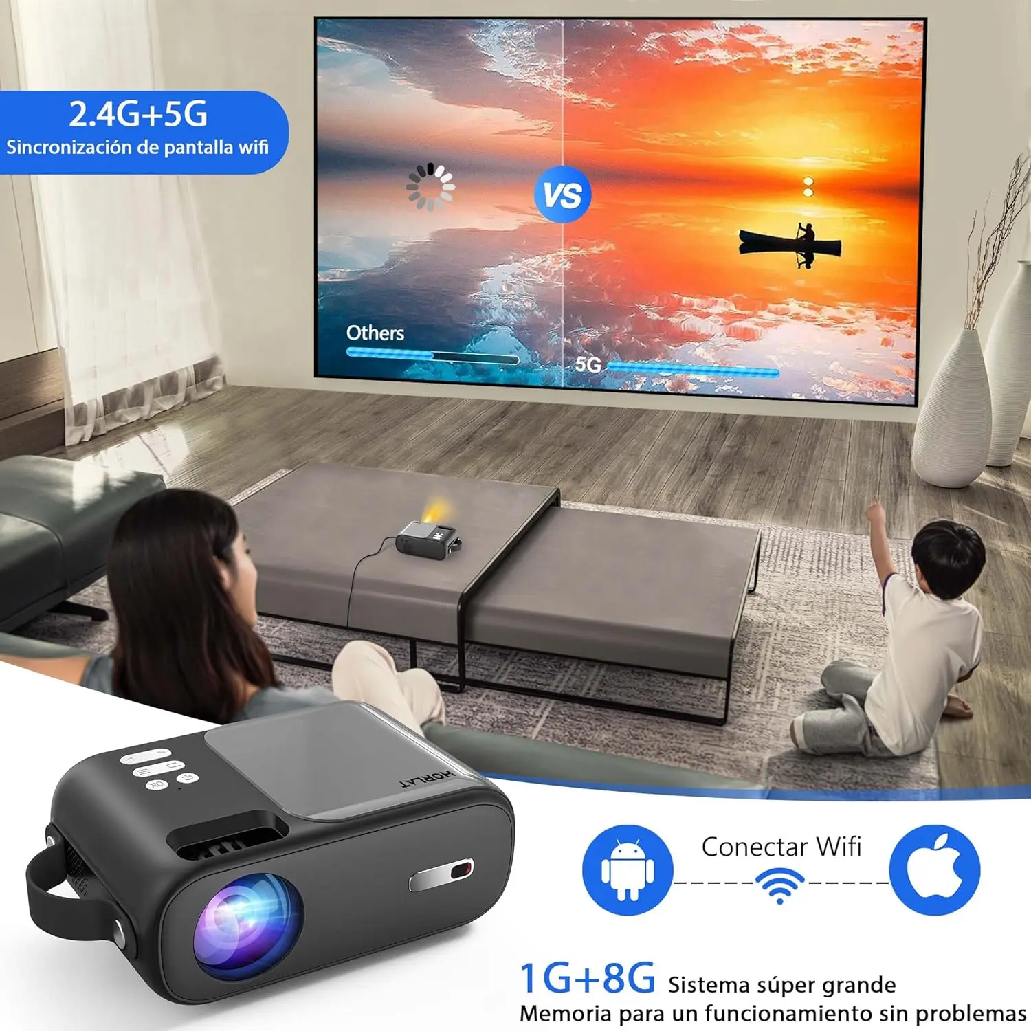 Mini Proyector Portátil WiFi 5G y Bluetooth - 12000 Lumen, Control Remoto del Proyector de Vídeo de Cine En Casa, Compatible con Teléfonos Móviles/Pc /Ps5/Usb/Hdmi/AV, Muy Adecuado para Estudiantes