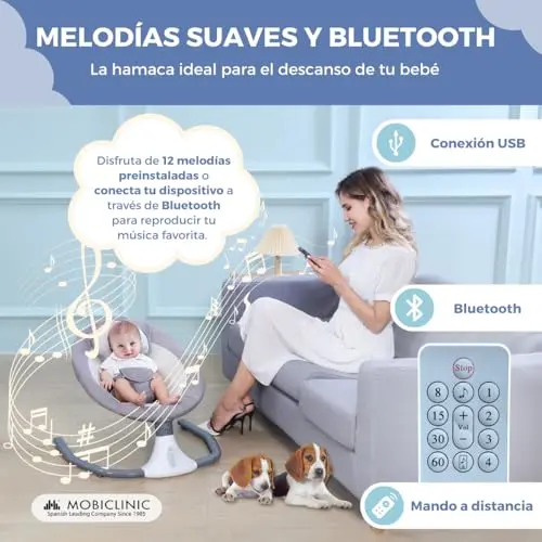 Mobiclinic® Kids, Hamaca Mecedora, Tuktuk, 4 Velocidades Ajustables, 0 meses a 18 kg, Arnés de 3 Puntos, Mando a Distancia, 12 Canciones incorporadas, Juguetes, Mosquitera, Bluetooth y USB