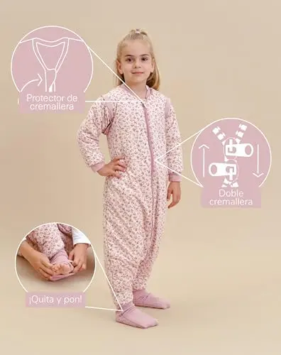 molis&co. Pijama Manta con Mangas Desmontables, Calcetines Antideslizantes, TOG 2.5 Estampado Misty Rose, Algodón 100%, Oeko-Tex 100 Certificado, 1 año