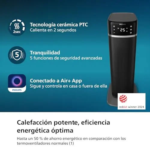 Philips Calefactor Serie 5000, Tecnología de cerámica, Incluye IA para ahorrar energía, Calienta en 2 segundos y tiene 5 funciones de seguridad integradas, Control por App, Gris (CX5120/11)