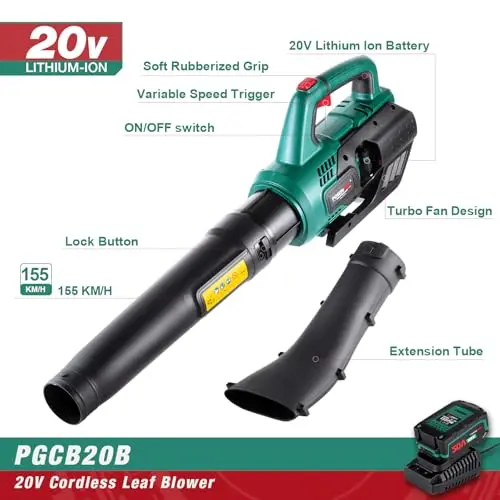 POSENPRO Soplador de Hojas Bateria 20V, Soplador de Hojas Inalámbrico, Tubo de 2 Piezas, 2 Velocidades 23000r/min 480 m³/h, Soplador de Hojas Eléctrico con Batería de 4.0Ah y Cargador