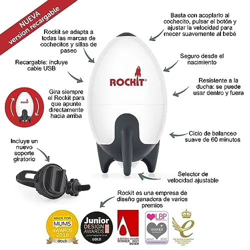 Rockit Rocker – Ayuda recargable para dormir para bebés, mece suavemente cualquier cochecito o carro, velocidad ajustable, temporizador de 1 hora, para cochecitos y carros, crea una mecedora de bebé