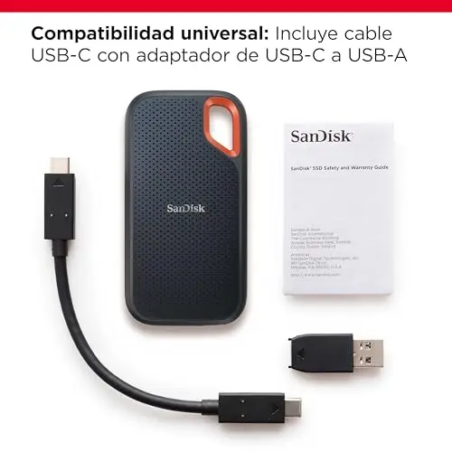 SanDisk 2TB Extreme SSD portátil, USB-C USB 3.2 Gen 2, Memoria de estado sólido NVMe externa, hasta 1050 MB/s, Clasificación IP65 de resistencia al agua y al polvo