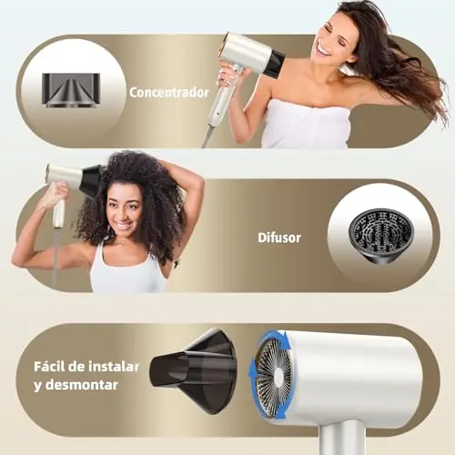 Secador de Pelo Profesional Iónico 2400W, Secadores de Pelo Iónico Real, 3 Temperaturas 2 Velocidades, Secador Ionico con Concentrador y Difusor